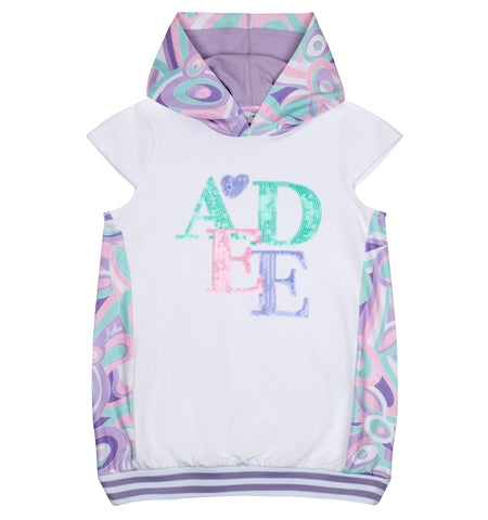 A'Dee, Dress, A'Dee - White with pastel lilac print, hooded dress, Nadia