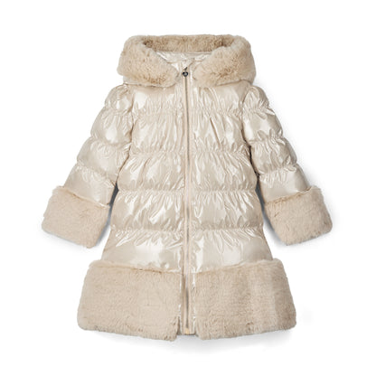 A'Dee - Stone beige sparkle, coat with faux fur trim