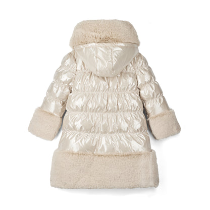 A'Dee - Stone beige sparkle, coat with faux fur trim
