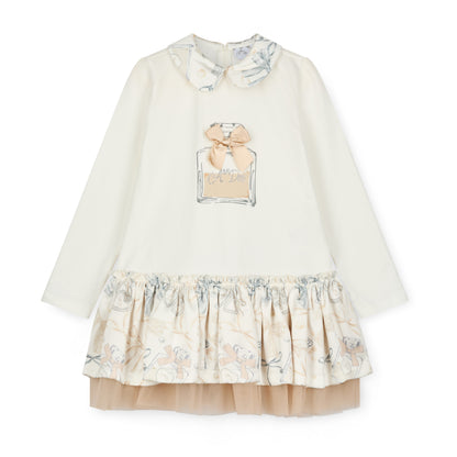 A'Dee - Bow print and tule skirt dress, Beige