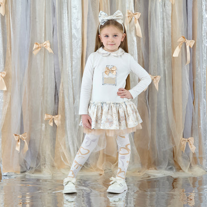 A'Dee - Bow print and tule skirt dress, Beige