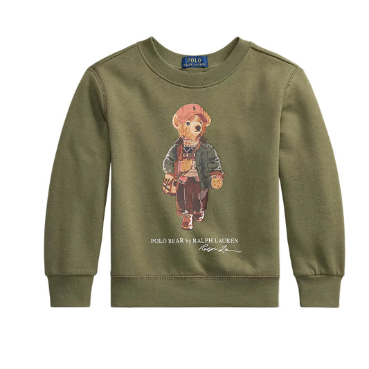 An olive green long-sleeve crewneck sweatshirt featuring a graphic of the Polo Bear character on the chest, with 'POLO BEAR by RALPH LAUREN' printed below.
