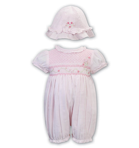 Sarah Louise, All in ones, Sarah Louise - Hand smocked, Pink short leg all in one with matching hat