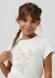 Mayoral, T-shirts, Mayoral - Ivory crew neck T-shirt with embroidered flower detail on front