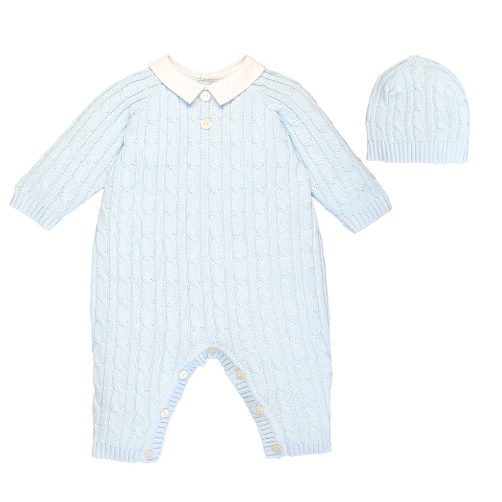 Emile et Rose, All in ones, Emile et Rose - pale blue, cable knit all in one with hat, Ronnie
