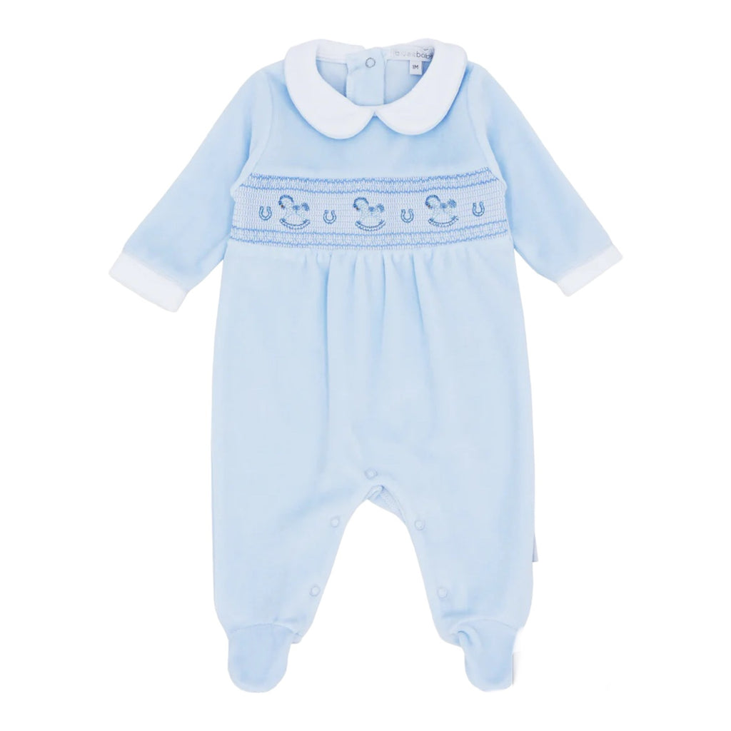 blues baby, All in ones, blues baby - Pale blue velour all in one, rocking horse detail