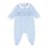 blues baby, All in ones, blues baby - Pale blue velour all in one, rocking horse detail