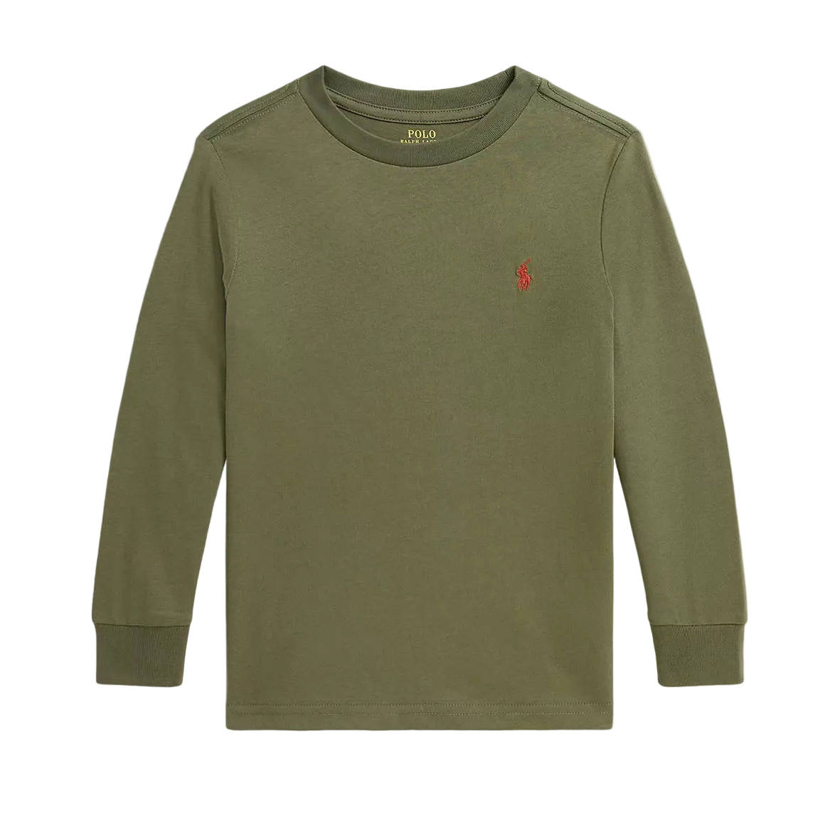 An olive green long-sleeve crewneck sweatshirt by Polo Ralph Lauren, featuring the signature embroidered red polo player logo on the left chest