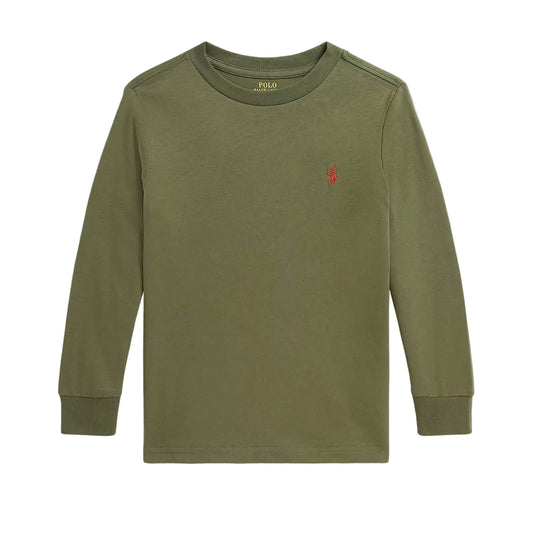 An olive green long-sleeve crewneck sweatshirt by Polo Ralph Lauren, featuring the signature embroidered red polo player logo on the left chest