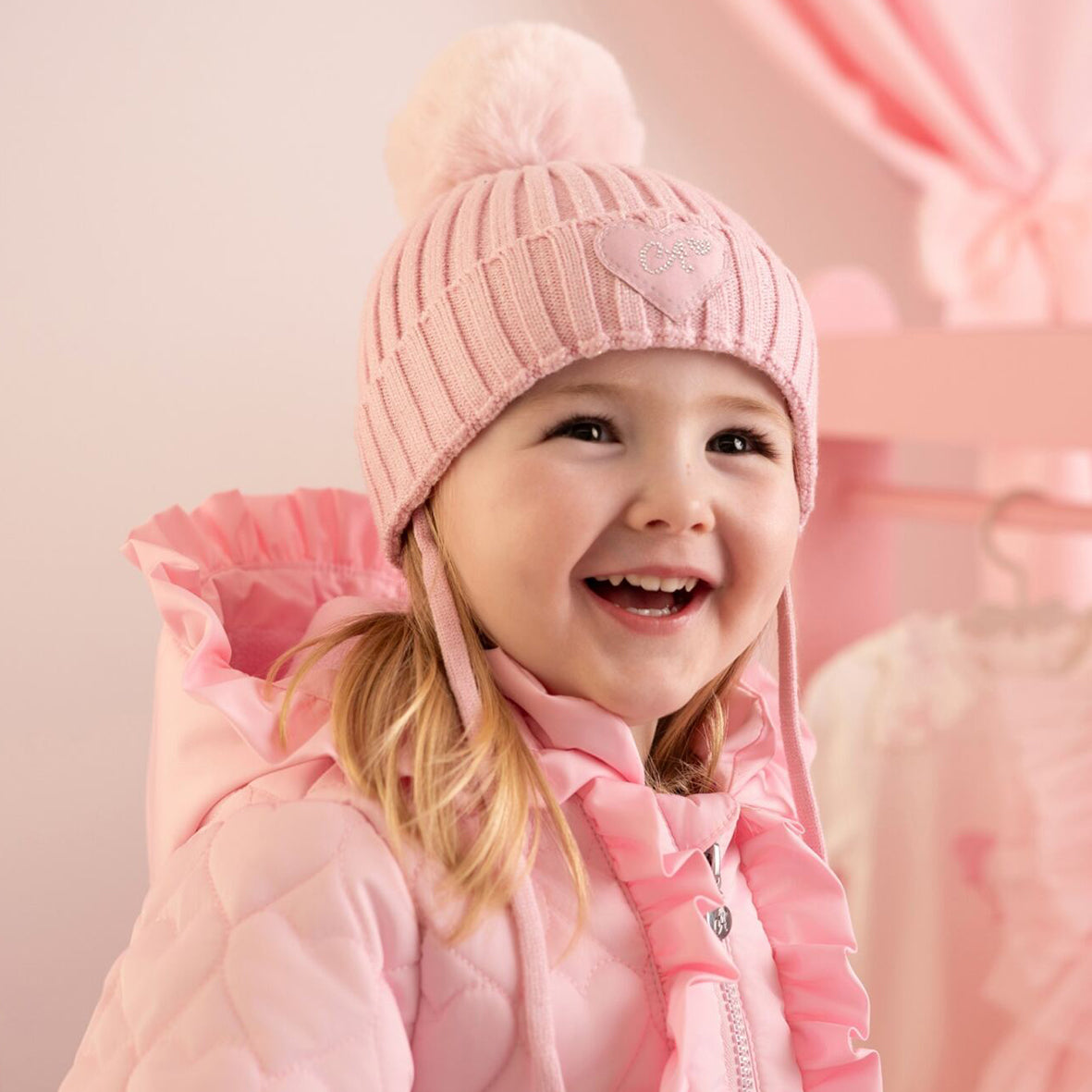 Little A - Light pink knit hat with faux fur pompom, Kamila