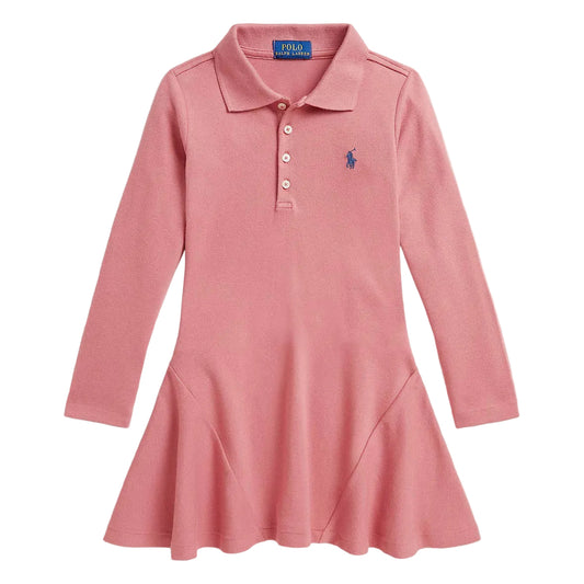 A pink long-sleeve polo dress for girls by Ralph Lauren, featuring a three-button placket and the signature embroidered polo player logo on the left chest,