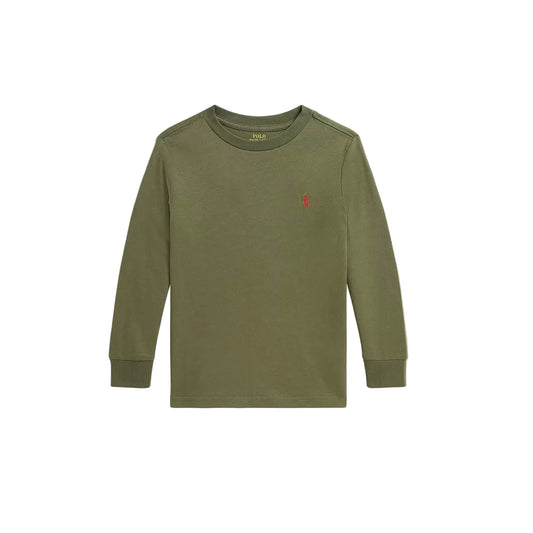 An olive green long-sleeve crewneck shirt by Polo Ralph Lauren, featuring a small embroidered red polo player logo on the left chest.