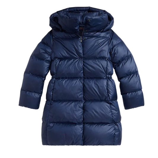 A navy blue hooded puffer coat with horizontal quilting