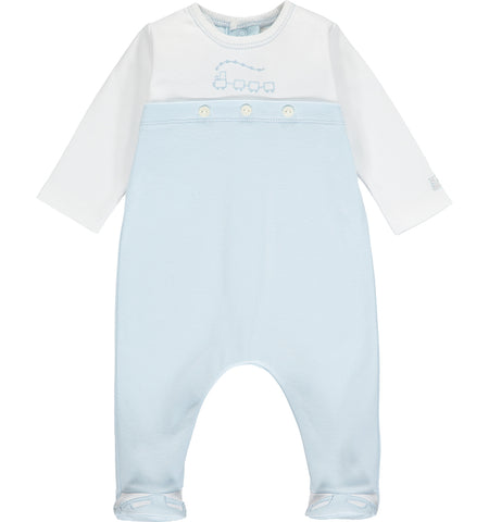Emile et Rose - Baby boy blue romper with train embroidery 1925 Willis | Betty McKenzie
