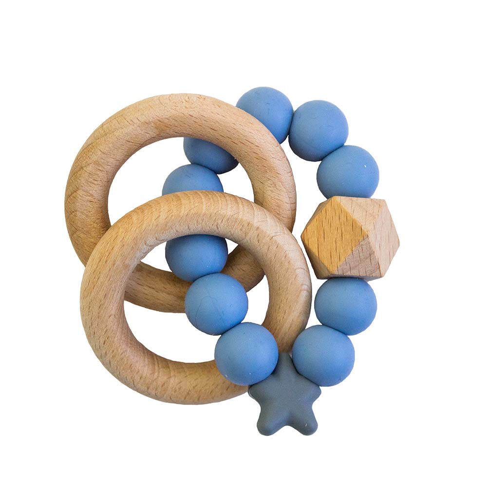 Nibbling, teether, Nibbling - Stellar natural wood rattle teething ring, Denim