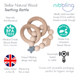 Nibbling, teether, Nibbling  -  Stellar natural wood rattle teething ring, Oat
