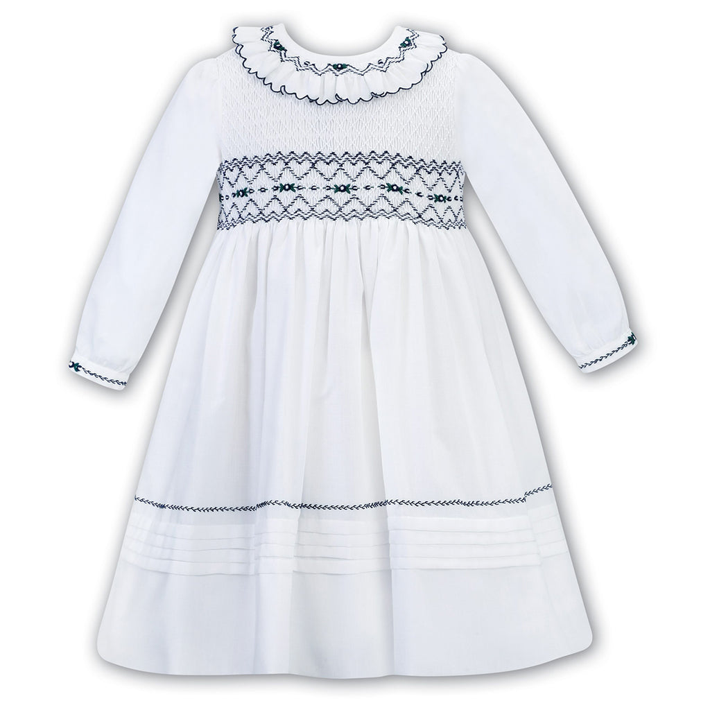 Sarah Louise, Dresses, Sarah Louise - White hand smocked dress with navy embroidery 012758
