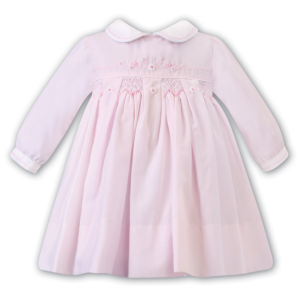 Sarah Louise - Hand smocked pink dress with white trim, 012459 | Betty McKenzie