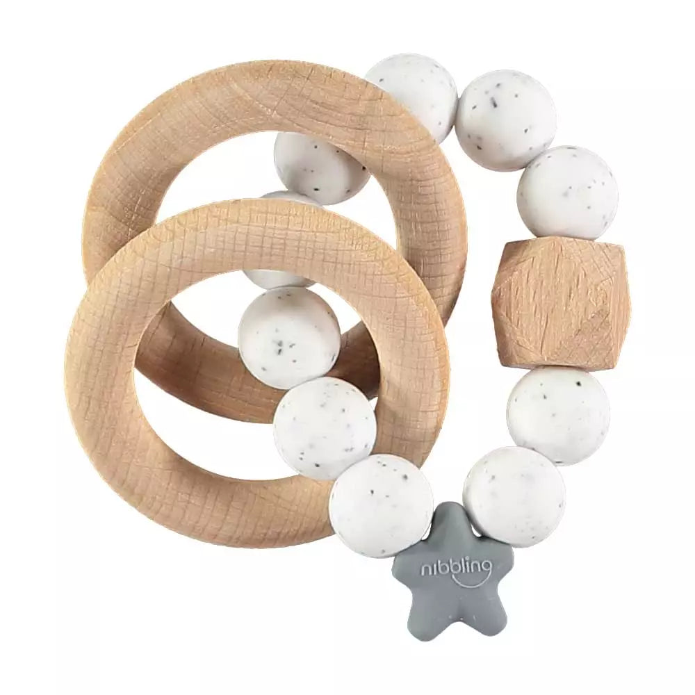 Nibbling, dummy, Nibbling  - Stellar natural wood rattle teething ring, white speckled