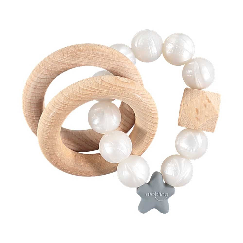 Nibbling - Stellar natural wood rattle teething ring, pearl | Betty McKenzie
