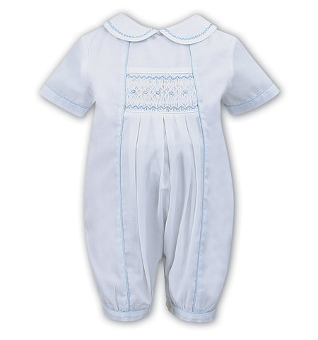 Sarah Louise - Dress your little one in timeless style with this Sarah Louise romper. Expertly made with hand-smocked detailing, this white piece is finished with delicate pale blue details, creating an exquisite look that will be treasured for years to come. What could be more beautiful?  Lovely white romper with pale blue details  button fastening at back  65% polyester, 35% cotton  Machine washable 30*