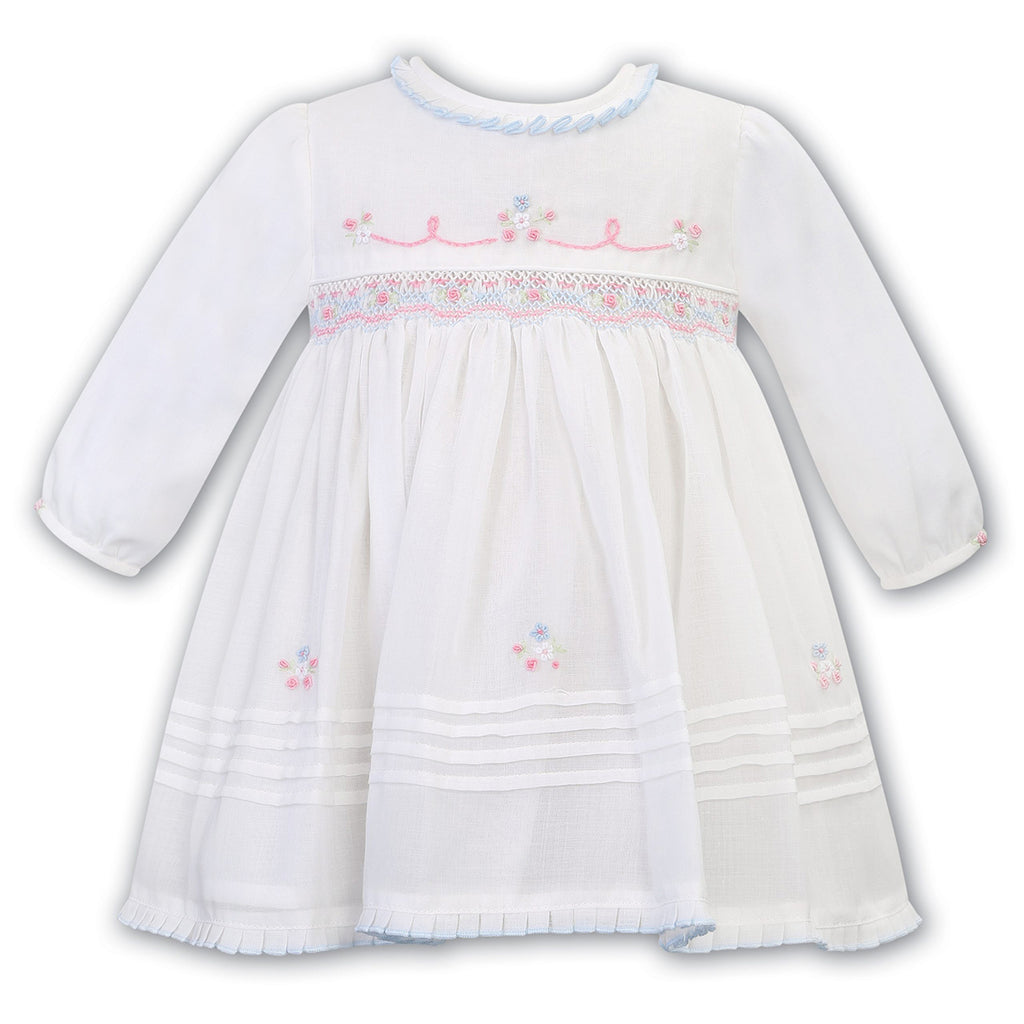 Sarah Louise, Dresses, Sarah louise - White Hand smocked dress with pale blue and pink trim
