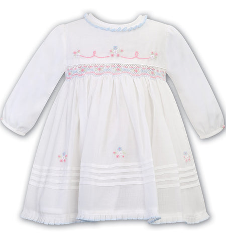 Sarah Louise, Dresses, Sarah louise - White Hand smocked dress with pale blue and pink trim